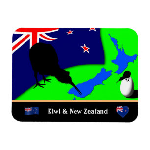 Kiwi Bird, Flagga och Karta i Nya Zeeland/art Magnet