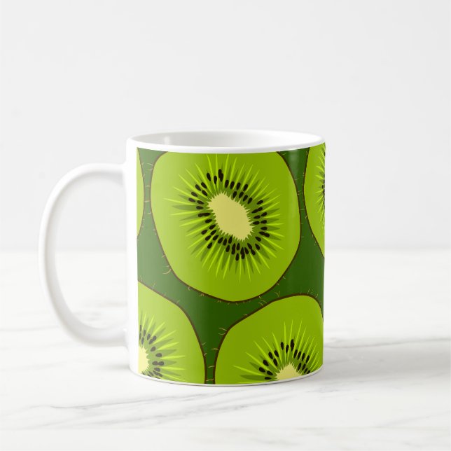 Kiwi-fruktskivor: mörk grönt. kaffemugg (Vänster)