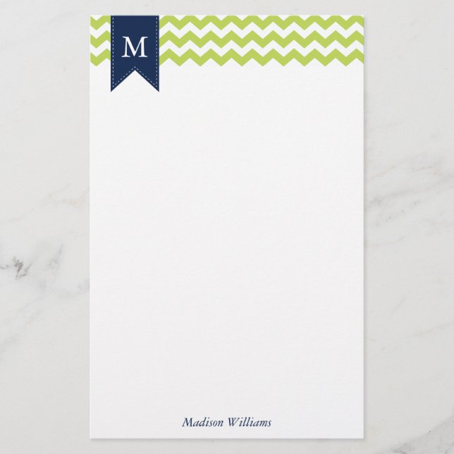 Kiwi Grönt Chevrons och Blue Monogram Brevpapper (Framsida)