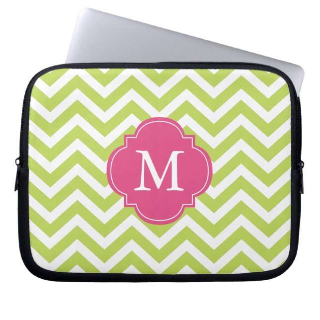 Kiwi Grönt & Fuschia Zigzags Mönster Monogram Laptop Sleeve (Framsidan)