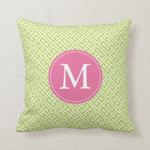 Kiwi Grönt Rosa Grekiska Nyckel Mönster Monogram Kudde