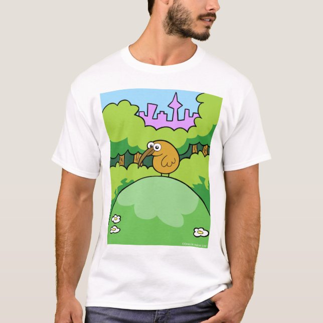 Kiwi på en backe. Mörk och ljust bekläda T-shirt (Framsida)