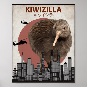 Kiwizilla Rolig Kiwi Nya Zeeland Fågelälskare Pres Poster