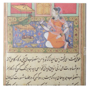 Kjujista köpman fru som talar till en papegoja kakelplatta