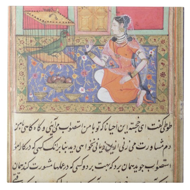 Kjujista köpman fru som talar till en papegoja kakelplatta (Framsidan)