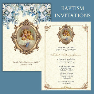 Kkatolsk baptism Christening Änglar Blommigt Inbjudningar