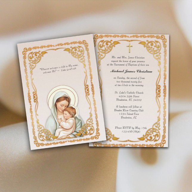 Kkatolsk baptism: Christening Blsed Mor Jesus Inbjudningar (Catholic Baptism Invitation)