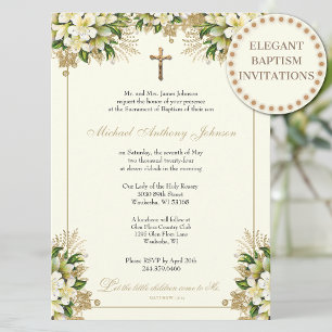Kkatolsk baptism Christening Guld Blommigt Inbjudningar