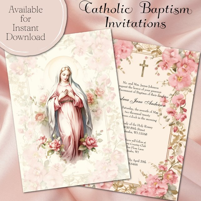 Kkatolsk flicka Baptism Christening Blsed Mor Inbjudningar (Easy to personalize and lovely to share with family and friends!)