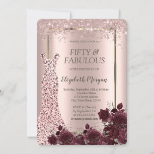 Klä för Rose Gold Glitter Burgundy Roses 50-årsfir Inbjudningar