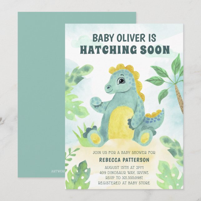Kläckande snart Cute Boy Dinosaur Baby Shower Inbjudningar (Fram/baksida)