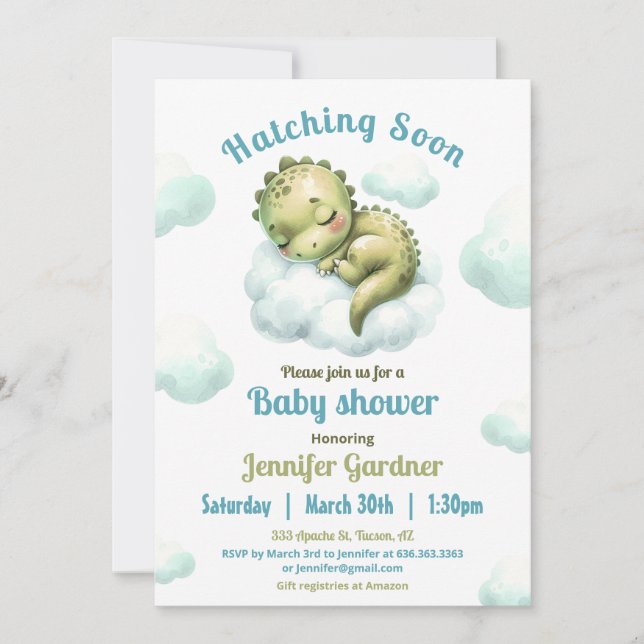 Kläckande snart Cute Dinosaur Baby Shower Boy Inbjudningar (Framsida)