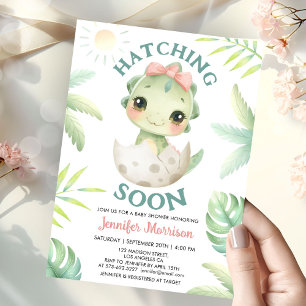 Kläckande snart Dinosaur Baby Shower Girl Rosa Bow Inbjudningar