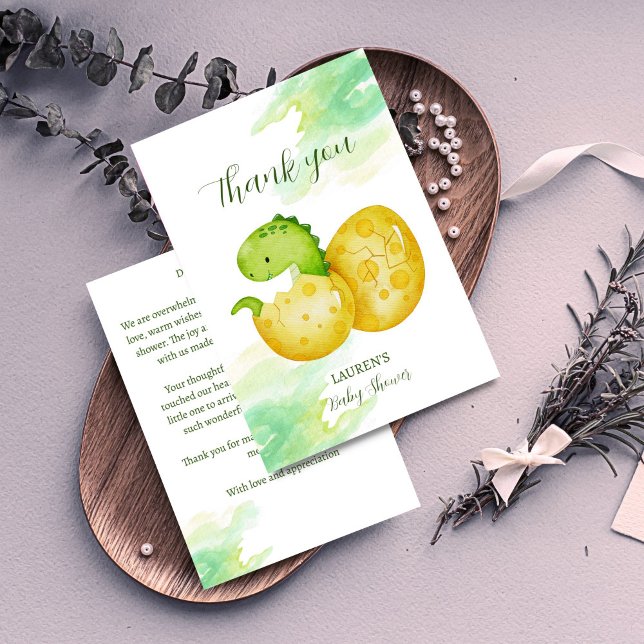 Kläckande snart söt grönt baby dinosaur tack kort (Hatching soon cute green baby dinosaur baby shower thank you cards)