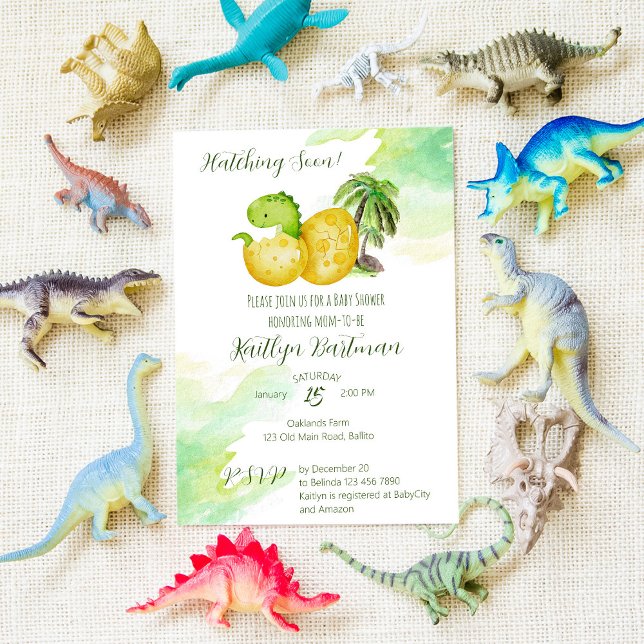 Kläckande snart vattenfärgsfärgad grönt baby dinos inbjudningar (Skapare uppladdad)