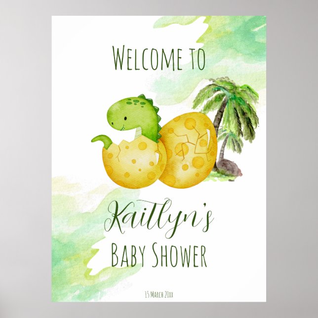 Kläckande snart vattenfärgsfärgad grönt baby dinos poster (Framsidan)