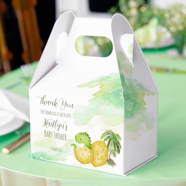 Kläckande snart vattenfärgsfärgad grönt baby dinos presentaskar (Hatching soon baby shower favor box watercolor green cute baby dinosaur in an egg favor box)