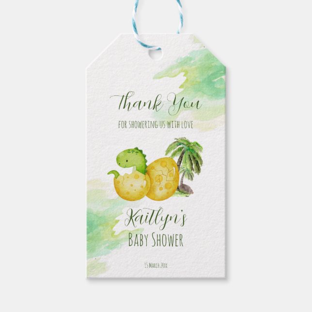 Kläckande snart vattenfärgsfärgad grönt baby dinos presentetikett (Framsidan)