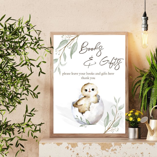 Kläckning av fågelbabydusch bokar-skylt poster (Hatching soon bird baby shower books and gifts table sign sweet little bird spring baby shower)