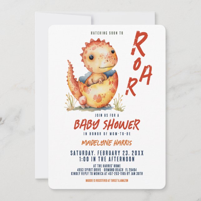 Kläckning snart till Roar Dinosaur Egg Baby Inbjudningar (Framsida)