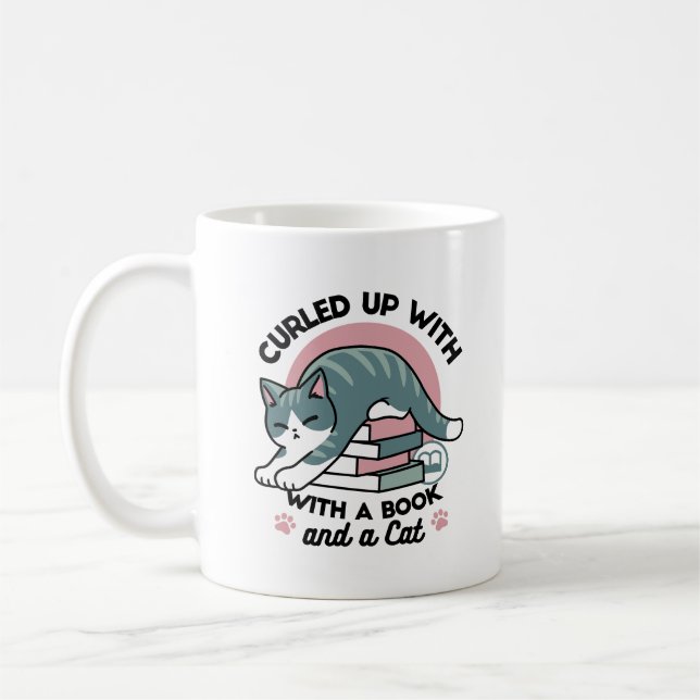 Kläddra med Bok och en katt - Mysigt katt Kaffemugg (Vänster)