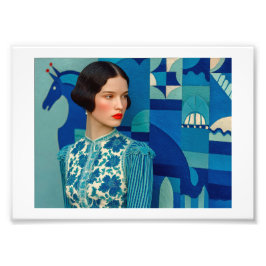 Kläder av blå blommigt, målning av blå häst fototryck