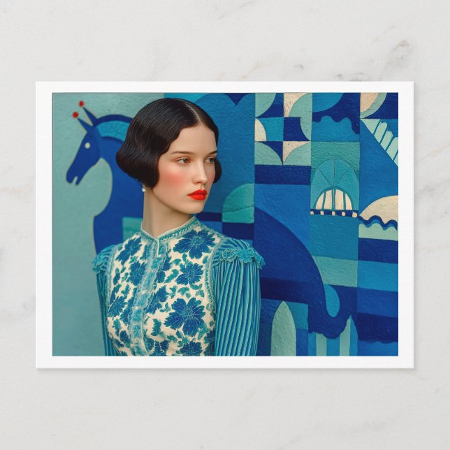 Kläder av blå blommigt, målning av blå häst vykort (Framsida)