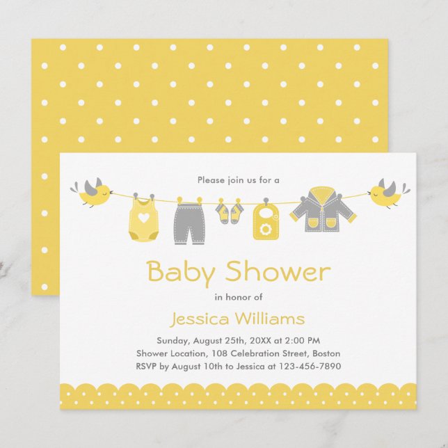 Kläder av Grått-Gult | Neutralt Baby Shower Inbjudningar (Fram/baksida)