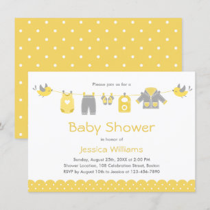 Kläder av Grått-Gult Neutralt Baby Shower Inbjudningar