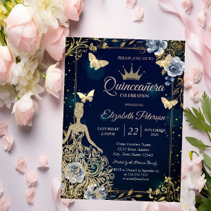 Kläder, Fjärilar Marinblå Blommor Quinceañera Inbjudningar