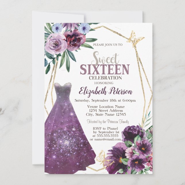 Kläder Flicka, Violetta Blommor Fjäril Sweet 16 Inbjudningar (Framsida)
