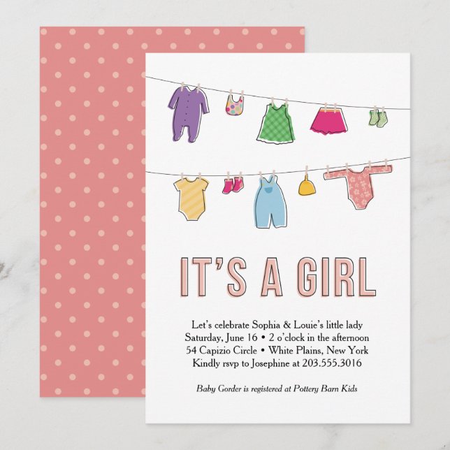 Kläder fodrar baby showerinbjudan, flicka inbjudningar (Fram/baksida)