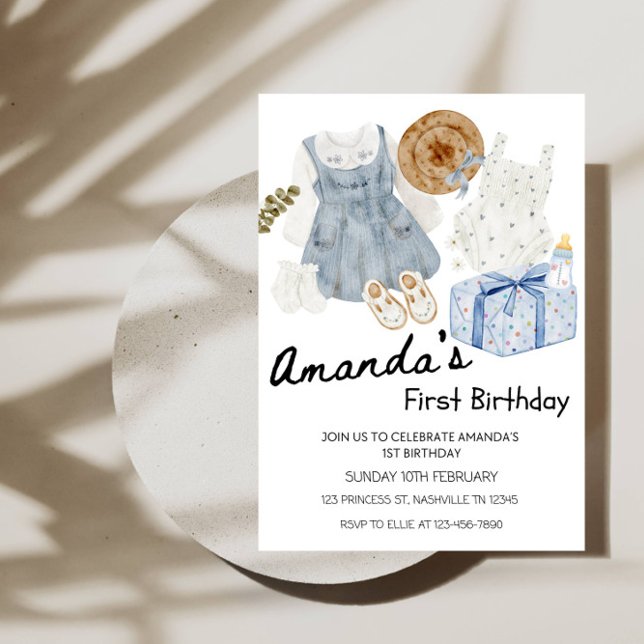 Kläder för babyflicka & presentlåda 1-årsfest inbjudningar (Skapare uppladdad)
