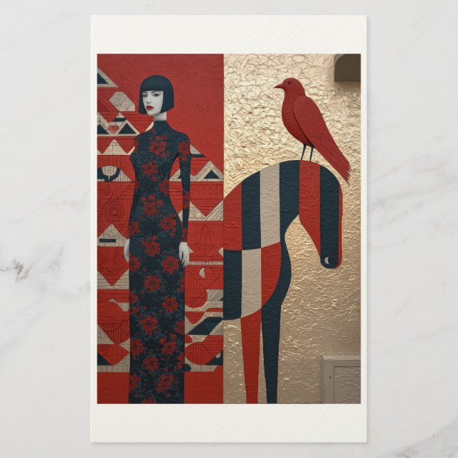 Kläder, häst och rödfågel för kvinnor i blomning brevpapper (Framsida)