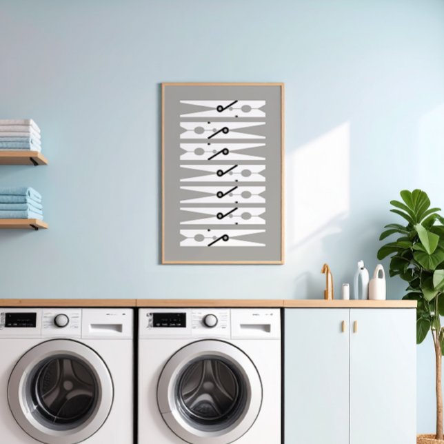 Kläder Stift Black White och Grått Tvätt Room Art Poster (medium gray and white modern graphic clothes pins art for a fun laundry room)