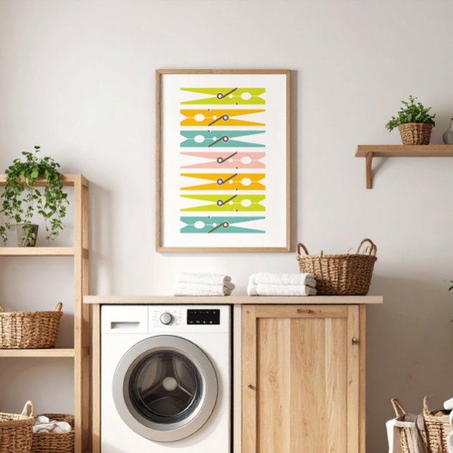 Kläder Stift Retro Färg Tvätt Room Art Poster (fun colorful modern clothes pin art to brighten up the laundry room )