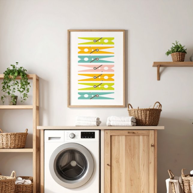 Kläder Stift Retro Färg Tvätt Room Art Poster (fun, colorful, modern clothes pin art to brighten up a boring laundry room)