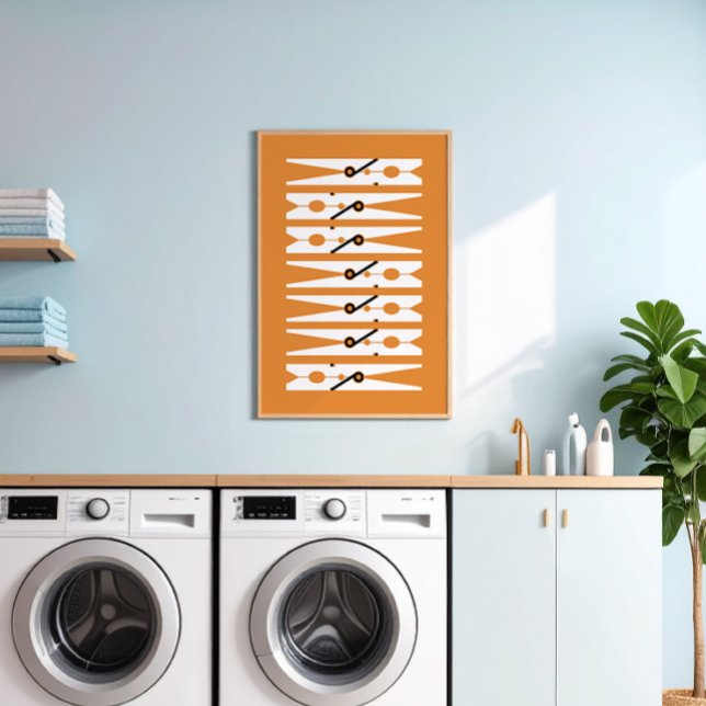 Kläder Stift Svartvit och Orange Tvätt rum Poster (retro rust orange and white modern graphic clothes pins art for a fun laundry room)