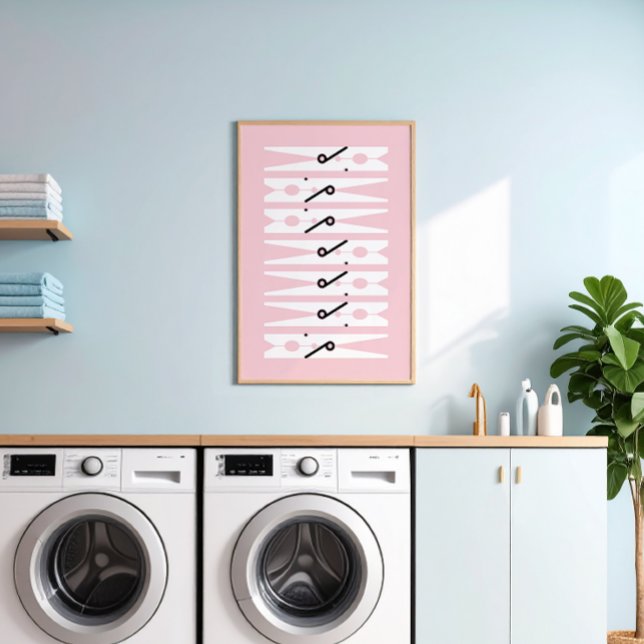 Kläder Stift Svartvit och Rosa Tvätt Room Poster (pale pink and white modern graphic clothes pins art for a fun laundry room)