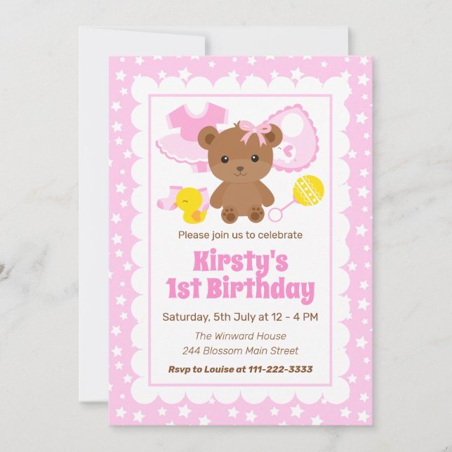 Kläder till rosa flicka teddybjörn Födelsedagsinbj Inbjudningar (Framsida)