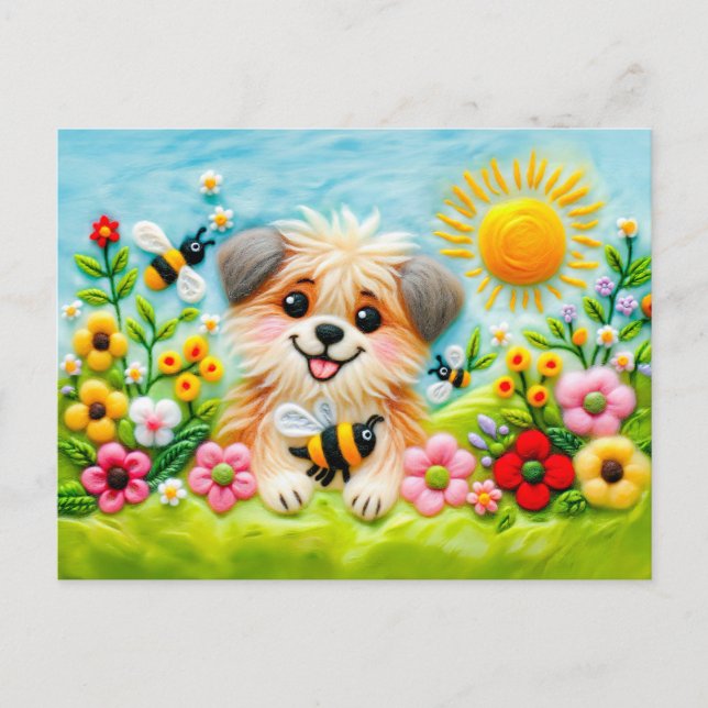 Klädhund i en blomstrande trädgård med bin vykort (Framsida)