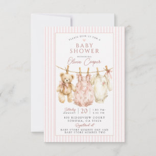 Klädlinje Teddybjörn Rosa Bebis Baby Shower Inbjudningar