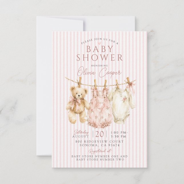 Klädlinje Teddybjörn Rosa Flickas Babyshower Inbjudningar (Framsida)