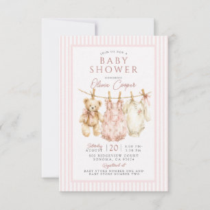 Klädlinje Teddybjörn Rosa Flickbabyfirande Inbjudningar