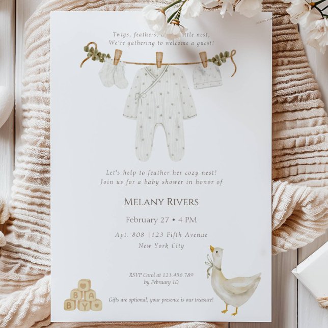 Klädstrecksandbon Baby Shower Inbjudan (Clothesline Goose Nest Baby Shower Invitation)