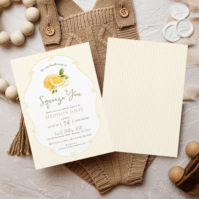 Kläm Dig Lemon Gula Ränder Baby Shower Inbjudningar (Cute We Can't Wait to Squeeze You butter yellow stripes watercolor lemon gender neutral baby shower)
