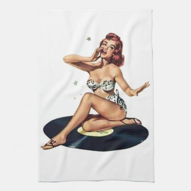 Klämma fast upp flickasitta på rekord kökshandduk (Vertikal)