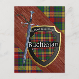 Klan Buchanan Tartan Sword & Shield Vykort