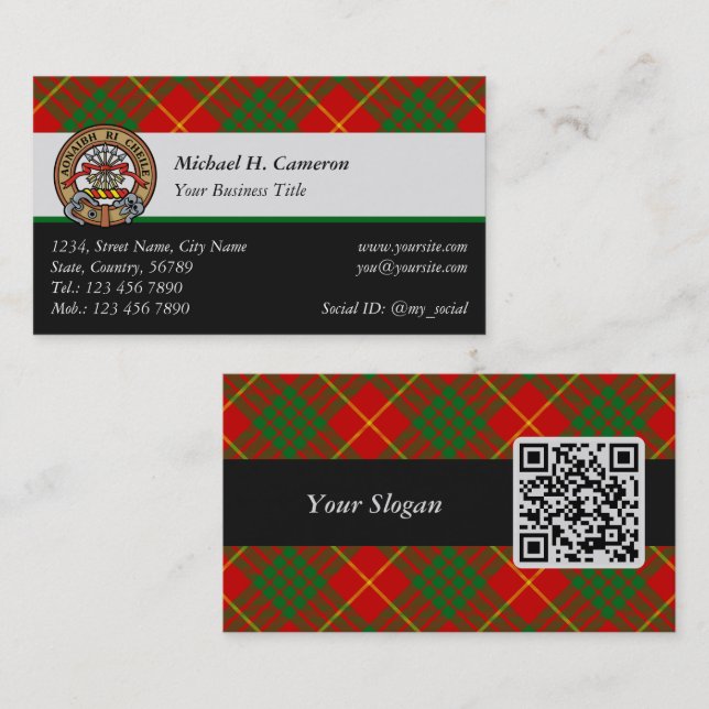 Klan Cameron Vapensköld över Tartan Visitkort (Fram/baksida)