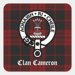 Klan Cameron Vapensköld & Tartan Fyrkantigt Klistermärke